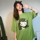 Short Sleeve Print T-shirt Green - One Size