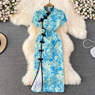 Short Sleeve Floral Print Slit Qipao Dress