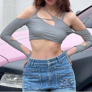Long-sleeve Cold Shoulder Cutout Crop Top