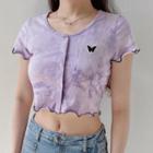 Short-sleeve Tie-dyed Butterfly Embroidered Cropped Top