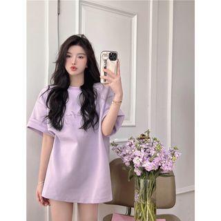 Elbow-sleeve Lettering T-shirt Violet - One Size