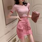 Short-sleeve Striped T-shirt / High-waist Drawstring Skirt
