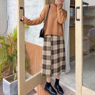 Mock-neck Knit Top / Sweater / Plaid Midi Skirt / Set