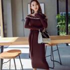 Off-shoulder Frill Trim A-line Plain Slim Dress