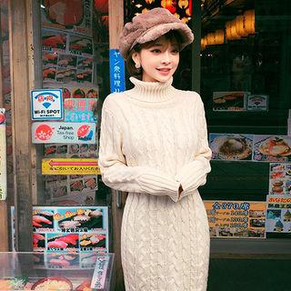 Turtle-neck Cable-knit Midi Dress