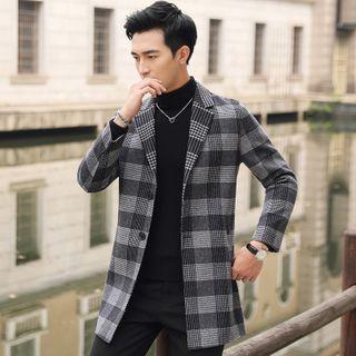 Button-up Plaid Coat / Mock-neck Cardigan / Set