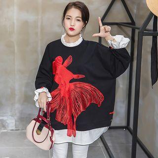 Mock Two-piece Goldfish Embroidered Pullover