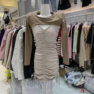 Set: Long-sleeve Cropped T-shirt + Spaghetti-strap Mini Sheath Dress