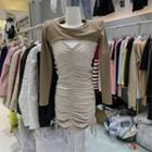 Set: Long-sleeve Cropped T-shirt + Spaghetti-strap Mini Sheath Dress