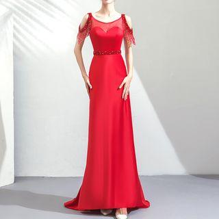 Cold-shoulder Fringed Sheath Evening Gown