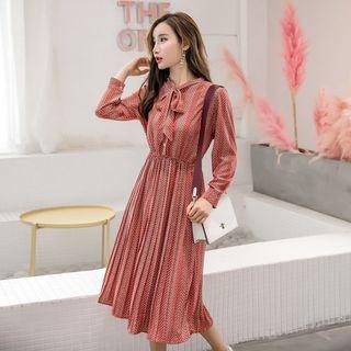 Tie-neck Herringbone Long-sleeve A-line Midi Dress