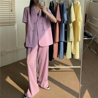 Oversized Short-sleeve Blazer / High-waist Side-slit Pants