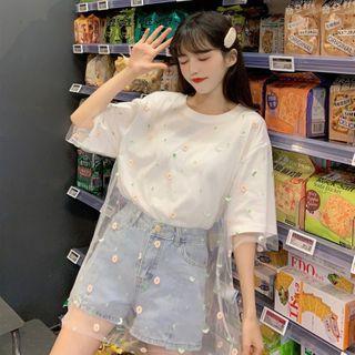 Set: Short-sleeve T-shirt + Floral Mesh T-shirt