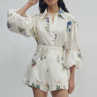 Set: Puff-sleeve Floral Print Shirt + Shorts