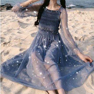 3/4-sleeve Mesh A-line Midi Dress