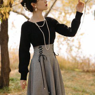 Plain Knit Top / Plaid Lace-up Midi Skirt / Set