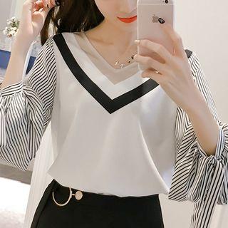 V-neck Striped Panel 3/4-sleeve Top