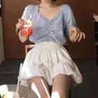 Set: Short-sleeve Gingham Shirred Blouse + A-line Skirt