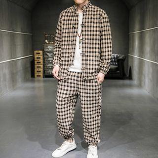 Set: Gingham Frog-button Jacket + Jogger Pants