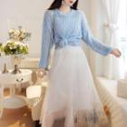 Set: Loose-fit Open-knit Top + Mesh Pleated Skirt