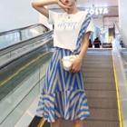 Set: Short-sleeve Striped T-shirt + Midi Striped Chiffon Skirt