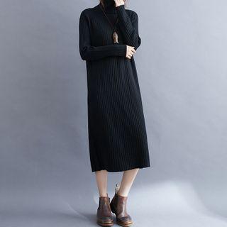 Long-sleeve Turtle Neck Midi A-line Knit Dress