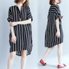 Striped Elbow-sleeve Dress Black - One Size