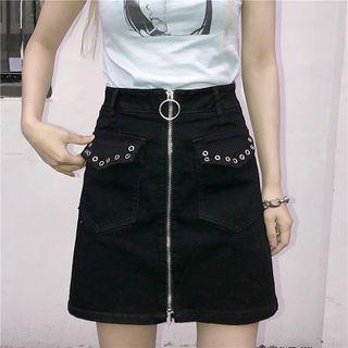 High Waist Zip Mini Denim Skirt