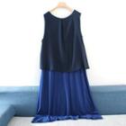 Sleeveless Two-tone Maxi A-line Dress Navy Blue - One Size