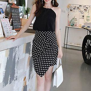Set: Plain Halter Top + Polka Dot Asymmetric Mini Skirt