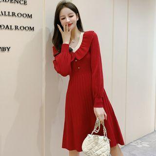 V-neck Puff-sleeve Plain Knit A-line Dress