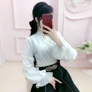 Puff-sleeve Plain Mandarin-collar Blouse