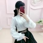 Puff-sleeve Plain Mandarin-collar Blouse