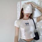 Butterfly-embroidered Crop T-shirt