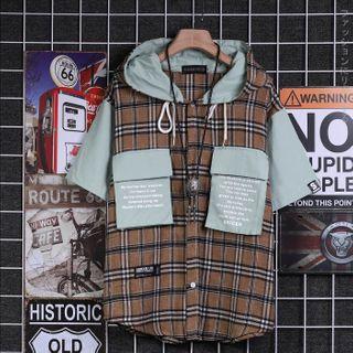 Paneled Plaid Hooded Short-sleeve Shirt