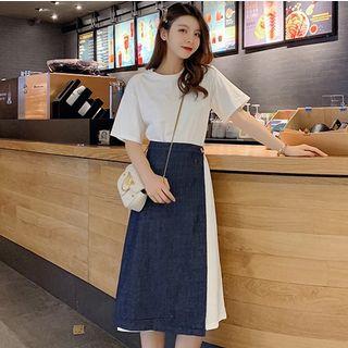 Set: Short-sleeve Midi T-shirt Dress + Midi Denim Skirt