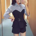 Elbow-sleeve Pinstriped Blouse + Shorts