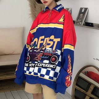Stand Collar Car Print Pullover