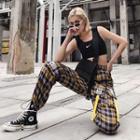 Plaid Wide-leg Pants With Bungee Cord