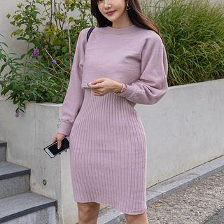 Set: Cropped Sweater + Sleeveless Sheath Knit Dress Set - Sweater - Pink - / Dress - Pink - One Size