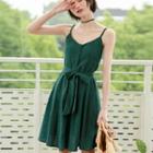 Spaghetti-strap Buttoned Dress With Sash Green - One Size