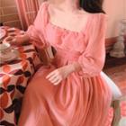 3/4-sleeve Shirred Midi A-line Chiffon Dress Pink - One Size