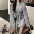 Tie-waist Open-front Cardigan Gray - One Size