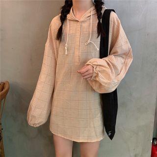 Checked Hooded Long-sleeve Oversize T-shirt