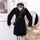 V-neck Velvet Long-sleeved Dress Black - One Size