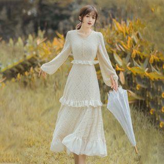 Long-sleeve Frill Trim Lace Midi A-line Dress