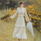 Long-sleeve Frill Trim Lace Midi A-line Dress