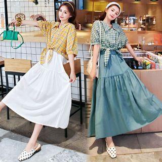 Set: Puff-sleeve Plaid Top + A-line Skirt