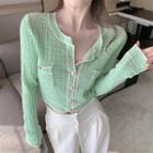 Long-sleeve Button-up Knit Top Green - One Size