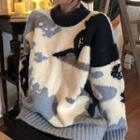 Color-block Knit Sweater Blue - One Size
